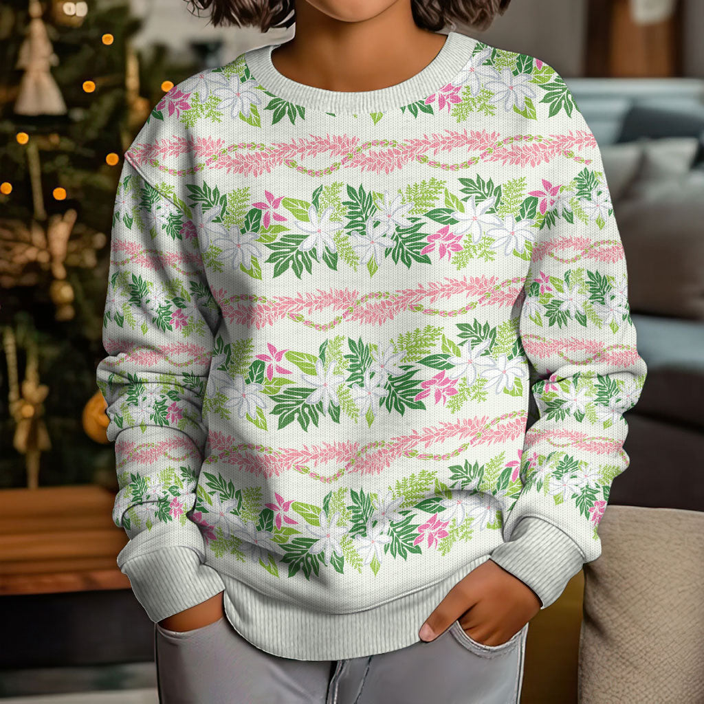 Monstera Tiare Plumeria Lei Pattern Kid Ugly Christmas Sweater Green Version LT01 - Polynesian Pride