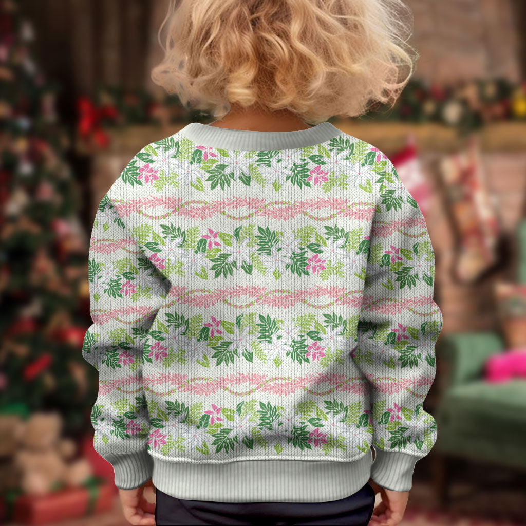 Monstera Tiare Plumeria Lei Pattern Kid Ugly Christmas Sweater Green Version LT01 - Polynesian Pride