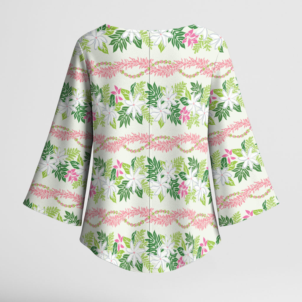 Monstera Tiare Plumeria Lei Pattern Kimono Sleeve Blouse Green Version LT01 - Polynesian Pride
