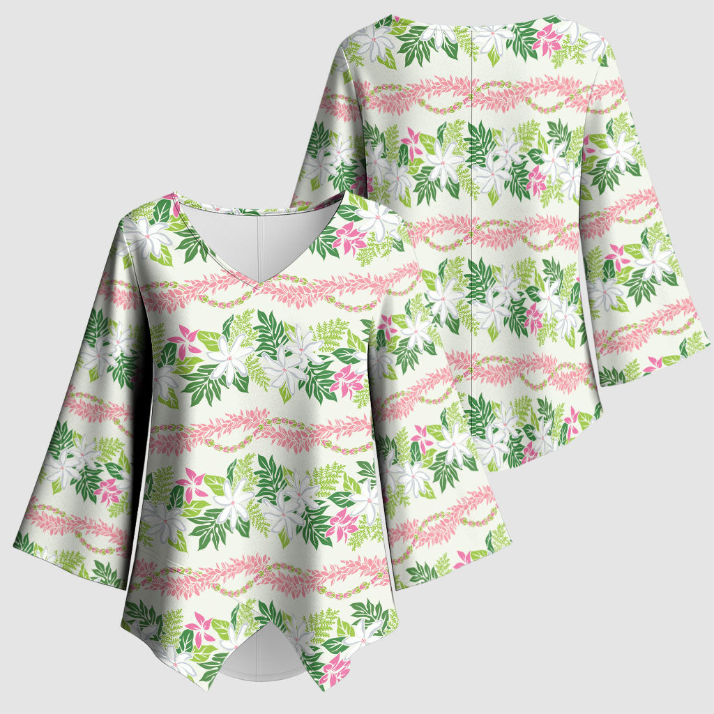 Monstera Tiare Plumeria Lei Pattern Kimono Sleeve Blouse Green Version LT01 - Polynesian Pride