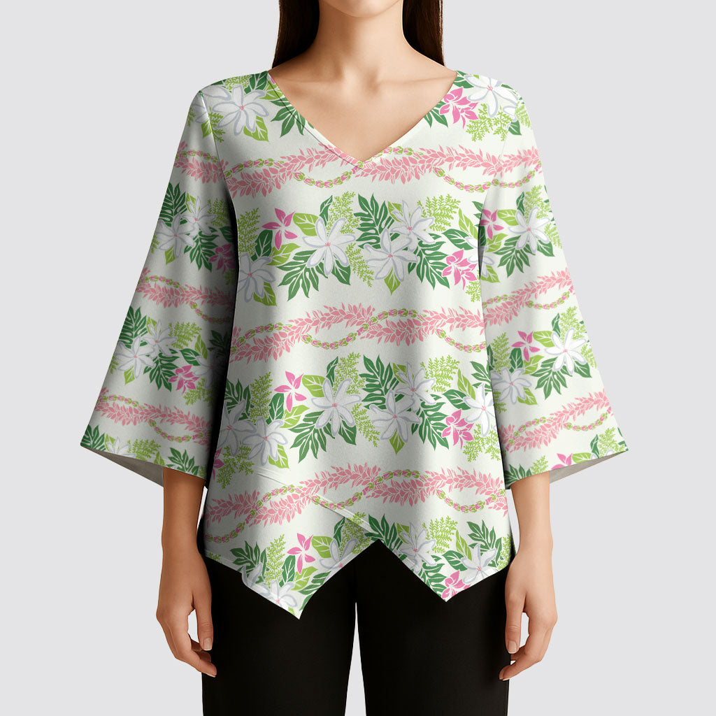 Monstera Tiare Plumeria Lei Pattern Kimono Sleeve Blouse Green Version LT01 - Polynesian Pride