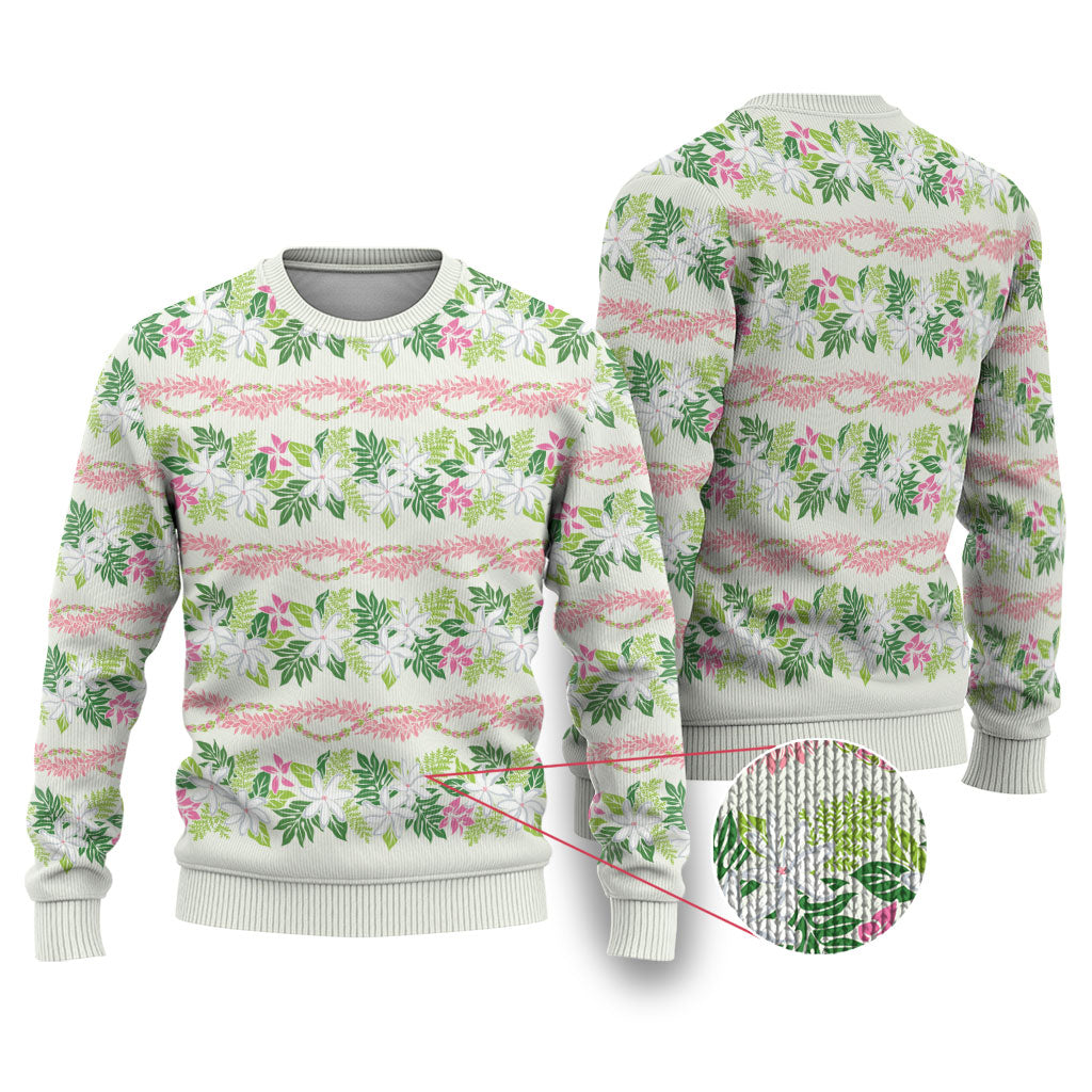 Monstera Tiare Plumeria Lei Pattern Ugly Christmas Sweater Green Version LT01 Green - Polynesian Pride