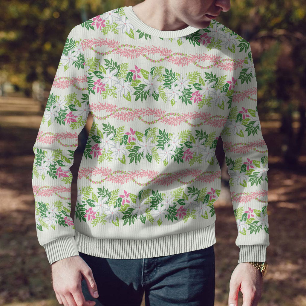 Monstera Tiare Plumeria Lei Pattern Ugly Christmas Sweater Green Version LT01 - Polynesian Pride