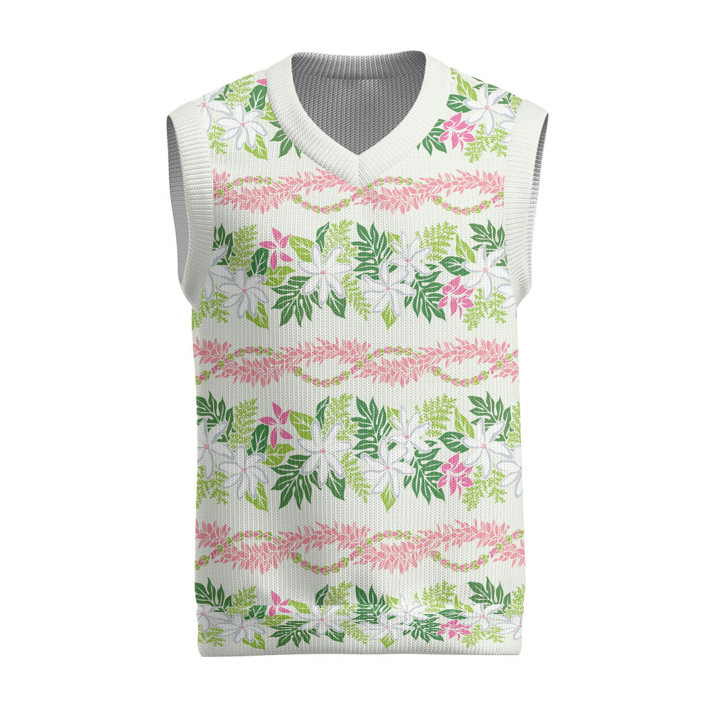 Monstera Tiare Plumeria Lei Pattern Christmas Knitted V-Neck Vest Green Version LT01 Green - Polynesian Pride