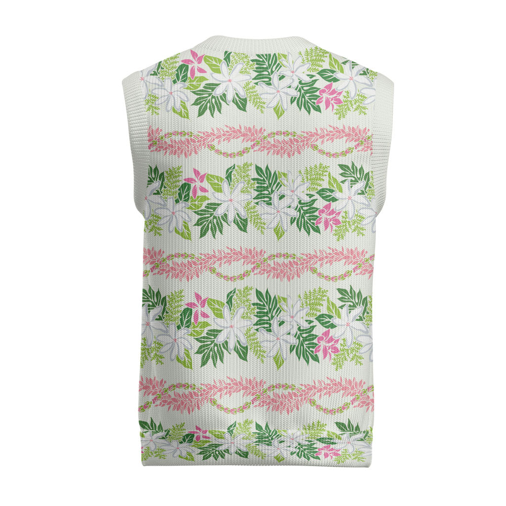 Monstera Tiare Plumeria Lei Pattern Christmas Knitted V-Neck Vest Green Version LT01 - Polynesian Pride