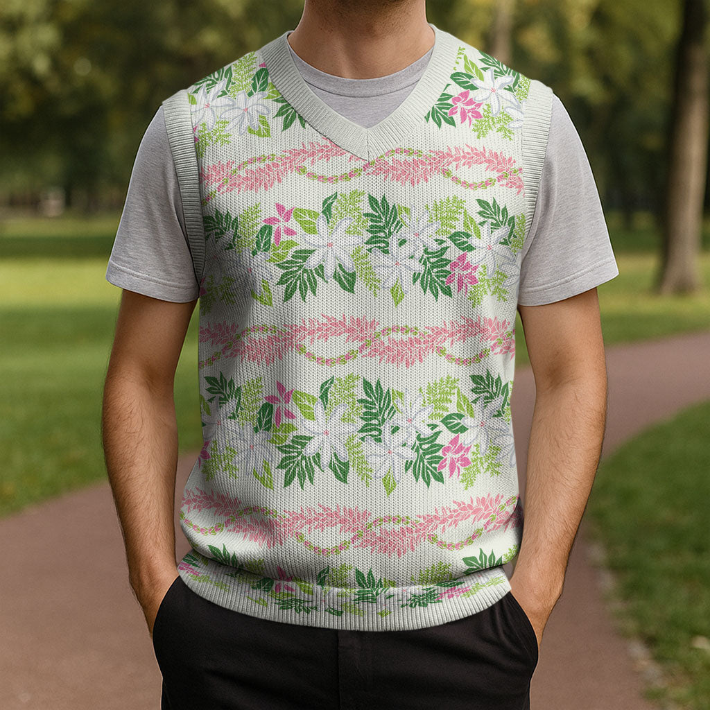 Monstera Tiare Plumeria Lei Pattern Christmas Knitted V-Neck Vest Green Version LT01 - Polynesian Pride