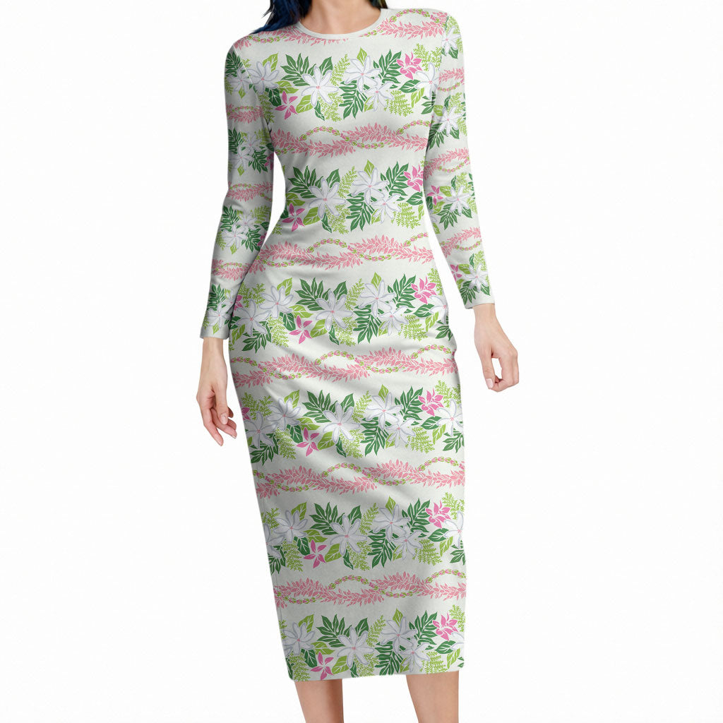 Monstera Tiare Plumeria Lei Pattern Long Sleeve Bodycon Dress Green Version LT01 Long Dress Green - Polynesian Pride
