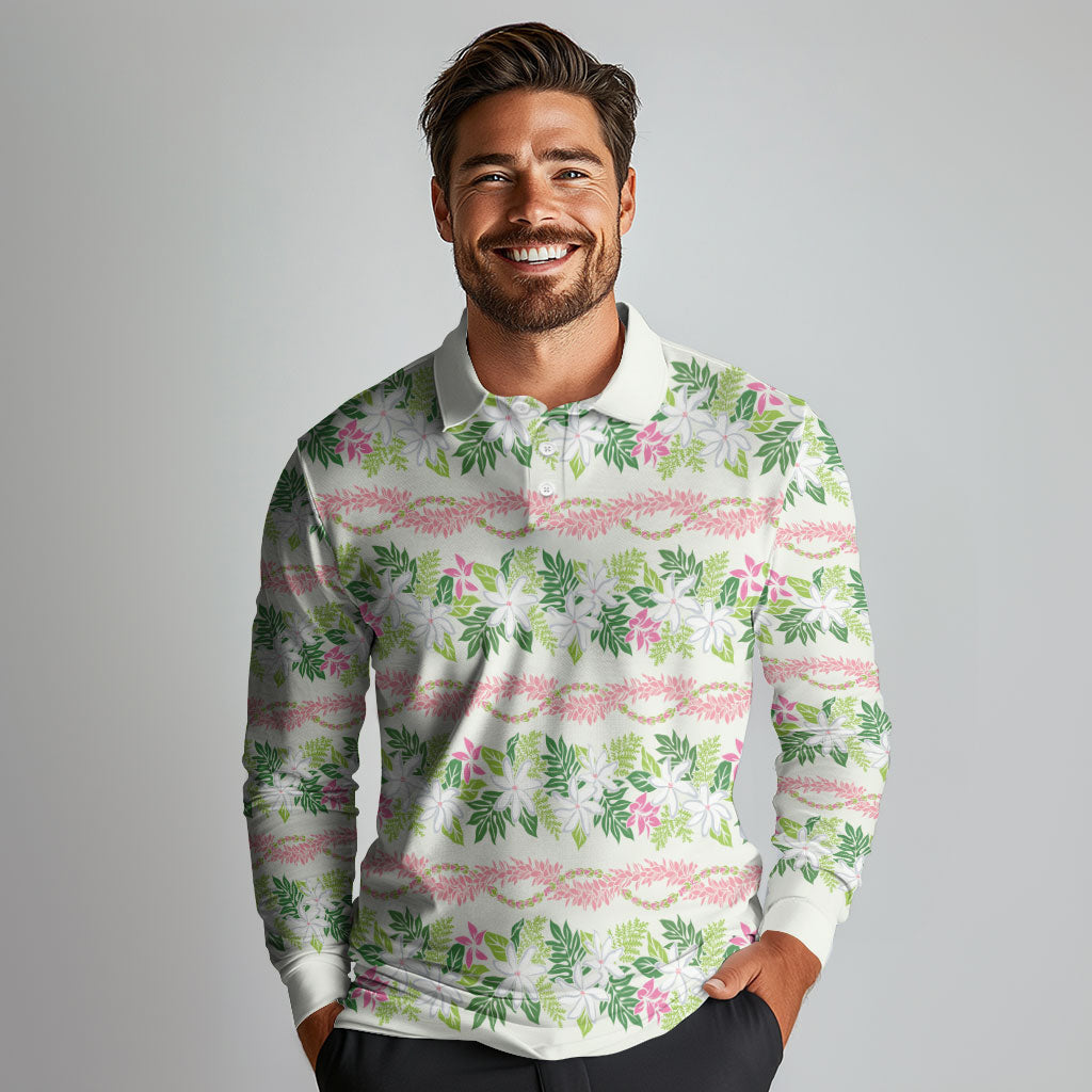 Monstera Tiare Plumeria Lei Pattern Long Sleeve Polo Shirt Green Version LT01 - Polynesian Pride