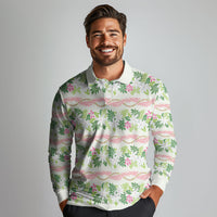 Monstera Tiare Plumeria Lei Pattern Long Sleeve Polo Shirt Green Version LT01 - Polynesian Pride