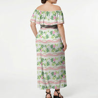 Monstera Tiare Plumeria Lei Pattern Off Shoulder Maxi Dress Green Version
