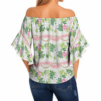 Monstera Tiare Plumeria Lei Pattern Off Shoulder Wrap Waist Top Green Version LT01 - Polynesian Pride