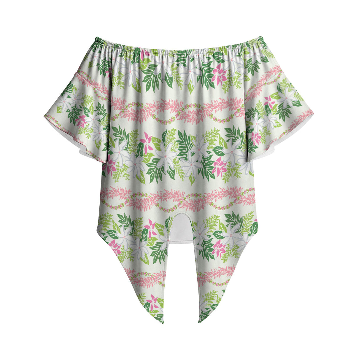 Monstera Tiare Plumeria Lei Pattern Off Shoulder Wrap Waist Top Green Version LT01 - Polynesian Pride