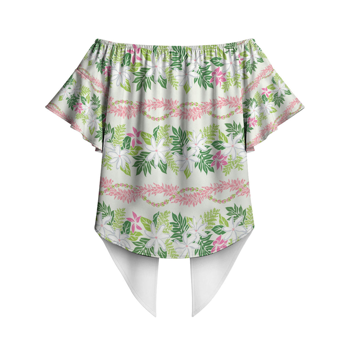 Monstera Tiare Plumeria Lei Pattern Off Shoulder Wrap Waist Top Green Version LT01 - Polynesian Pride