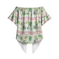 Monstera Tiare Plumeria Lei Pattern Off Shoulder Wrap Waist Top Green Version LT01 - Polynesian Pride