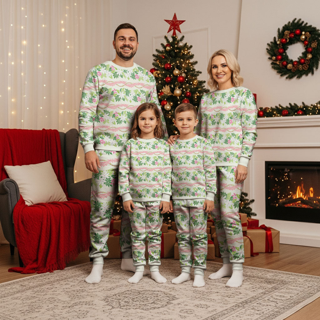Monstera Tiare Plumeria Lei Pattern Christmas Pajama Set Green Version LT01 - Polynesian Pride