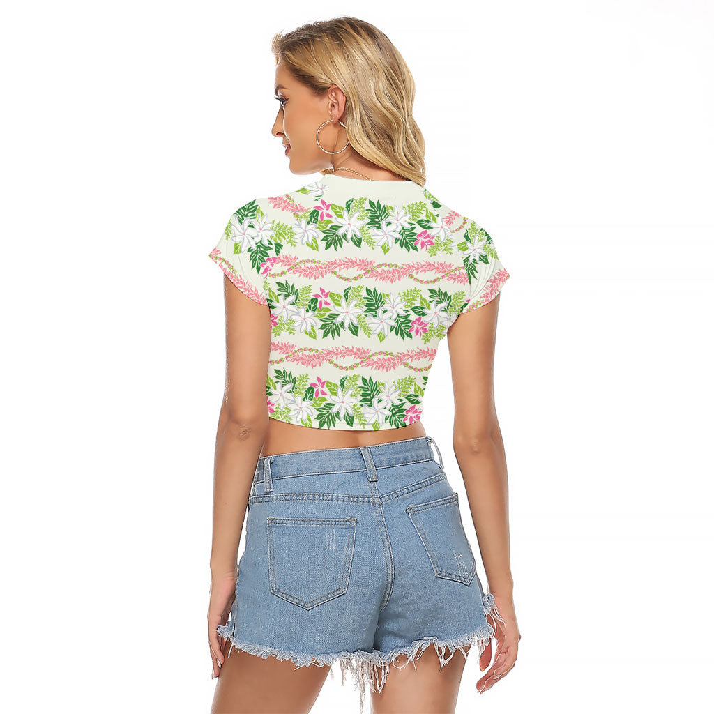 Monstera Tiare Plumeria Lei Pattern Raglan Cropped T Shirt Green Version