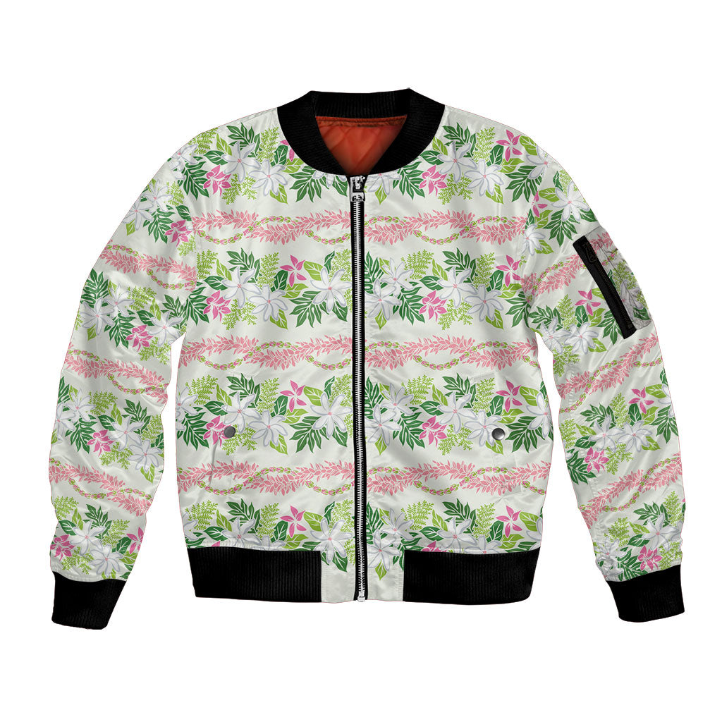 Monstera Tiare Plumeria Lei Pattern Sleeve Zip Bomber Jacket Green Version LT01 Unisex Green - Polynesian Pride
