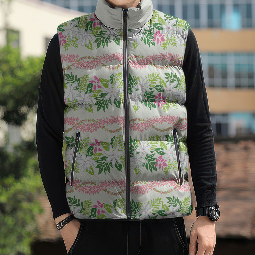 Monstera Tiare Plumeria Lei Pattern Sleeveless Puffer Jacket Green Version LT01 - Polynesian Pride