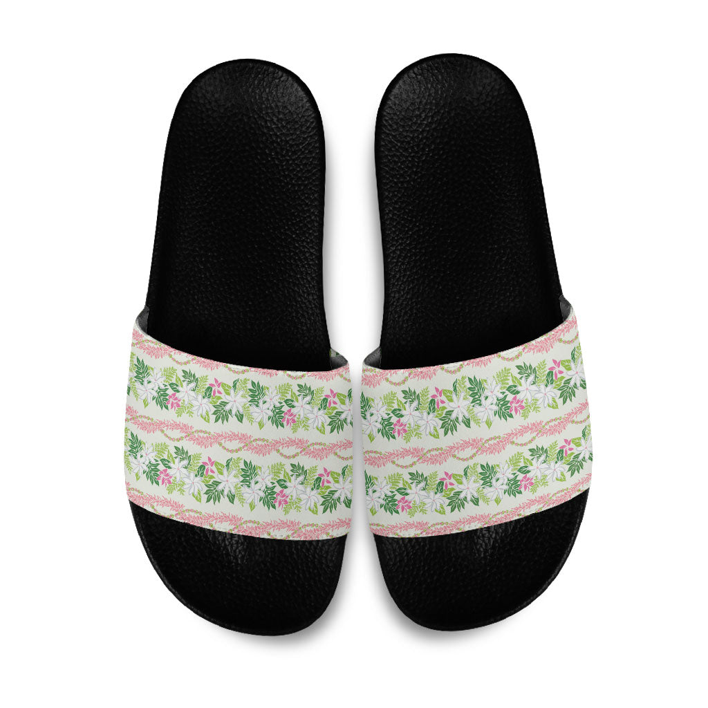 Monstera Tiare Plumeria Lei Pattern Slide Sandals Green Version LT01 Green - Polynesian Pride