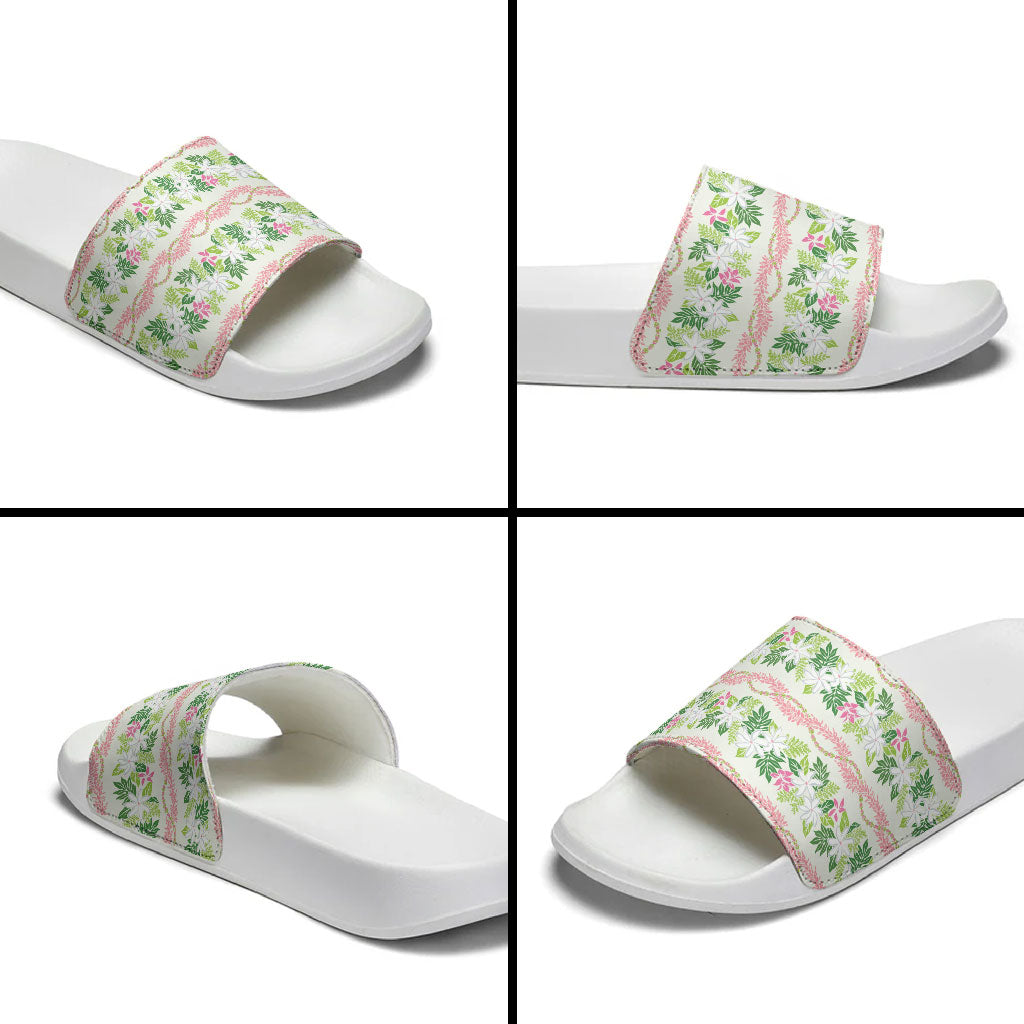 Monstera Tiare Plumeria Lei Pattern Slide Sandals Green Version LT01 - Polynesian Pride