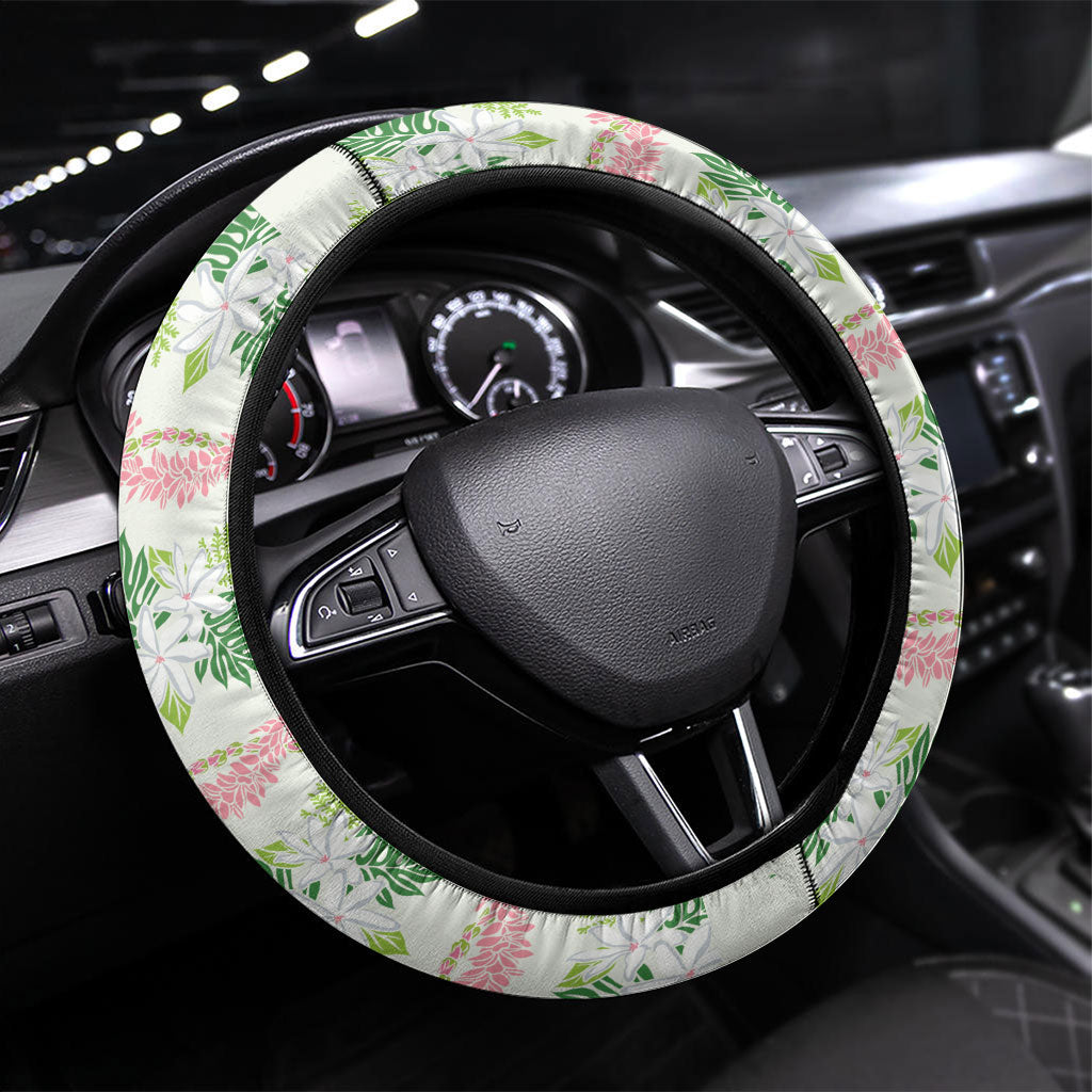 Monstera Tiare Plumeria Lei Pattern Steering Wheel Cover Green Version