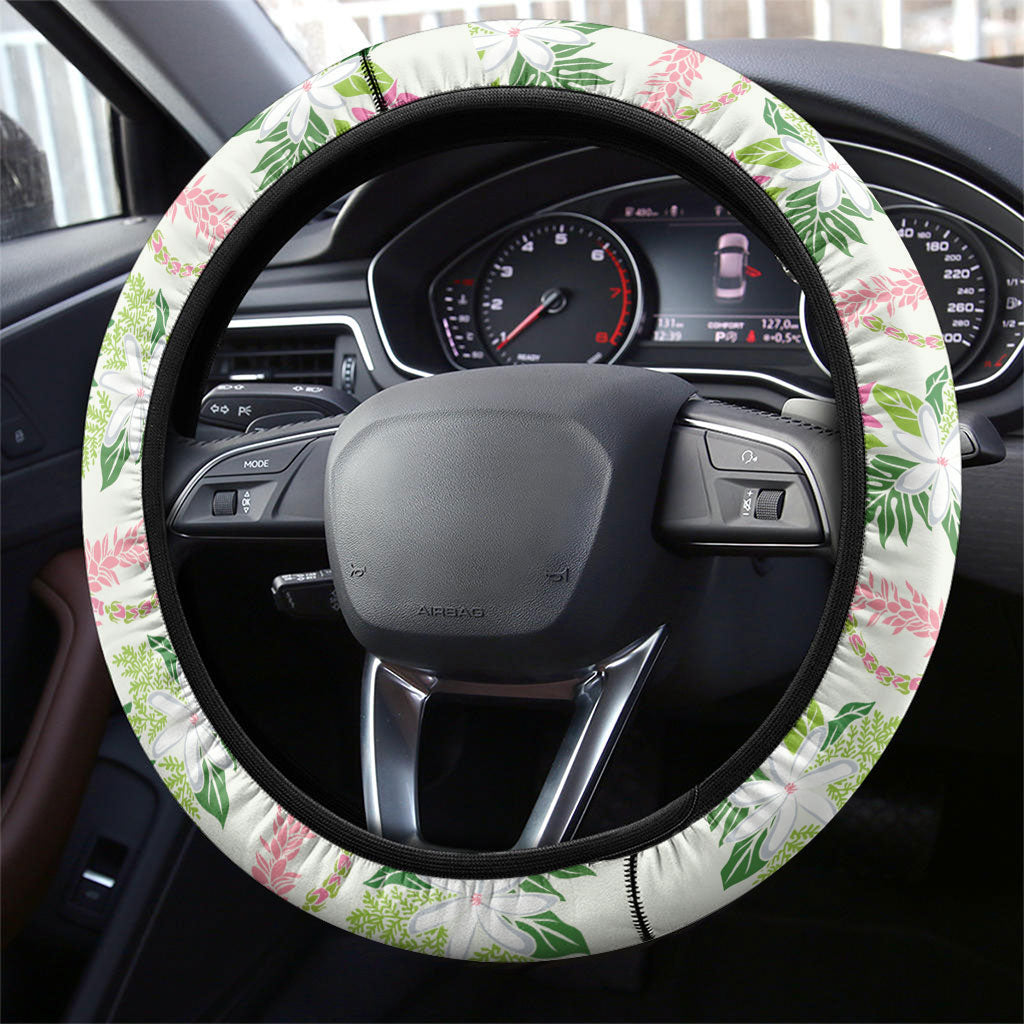 Monstera Tiare Plumeria Lei Pattern Steering Wheel Cover Green Version