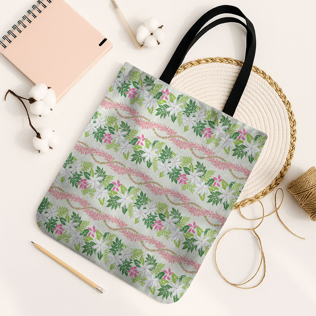 Monstera Tiare Plumeria Lei Pattern Tote Bag Green Version LT01 Black Strap One Size Green - Polynesian Pride