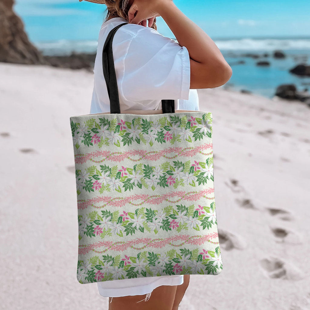 Monstera Tiare Plumeria Lei Pattern Tote Bag Green Version LT01 - Polynesian Pride
