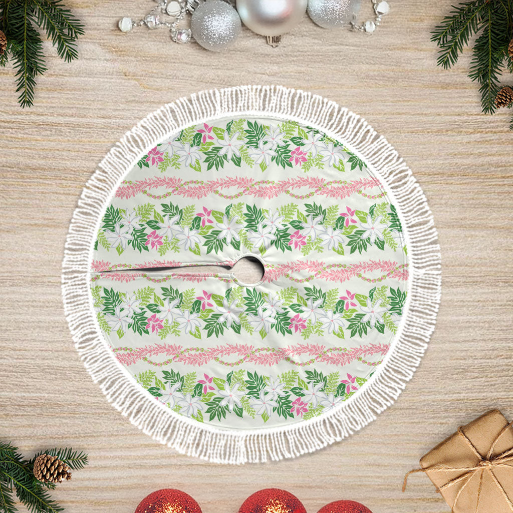 Monstera Tiare Plumeria Lei Pattern Tree Skirt Green Version