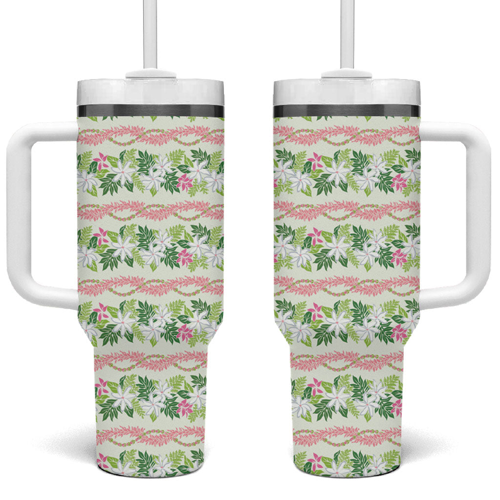 Monstera Tiare Plumeria Lei Pattern Tumbler With Handle Green Version LT01 One Size: 40 oz Green - Polynesian Pride