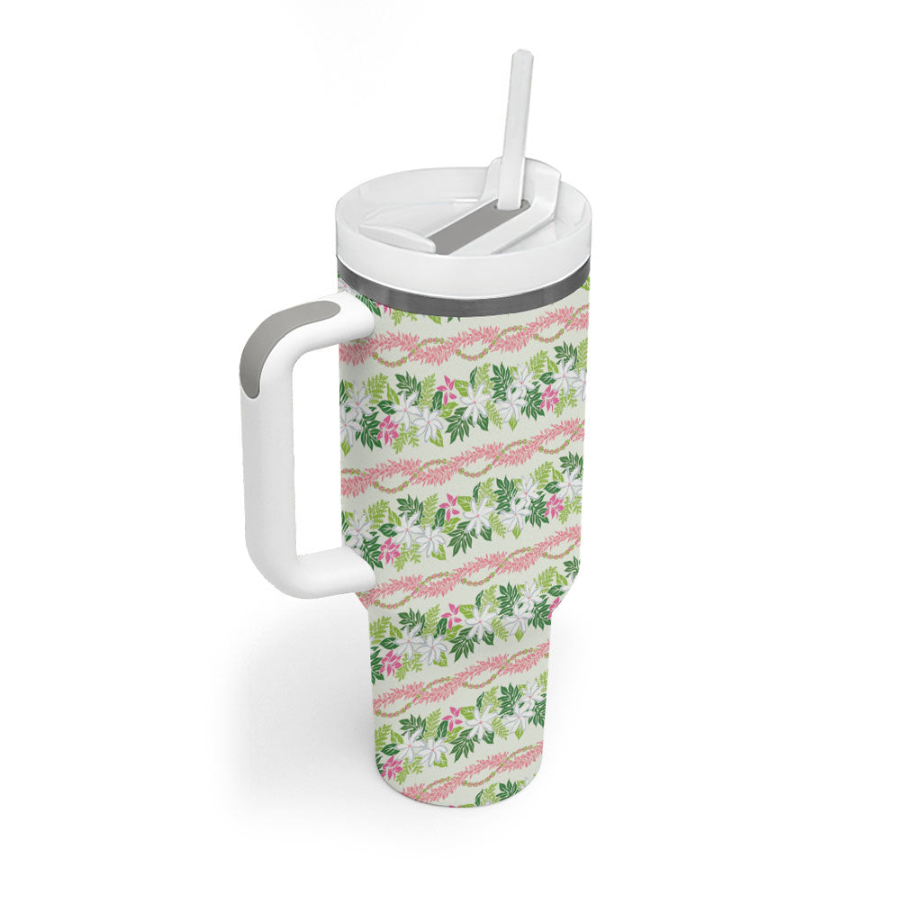 Monstera Tiare Plumeria Lei Pattern Tumbler With Handle Green Version LT01 - Polynesian Pride
