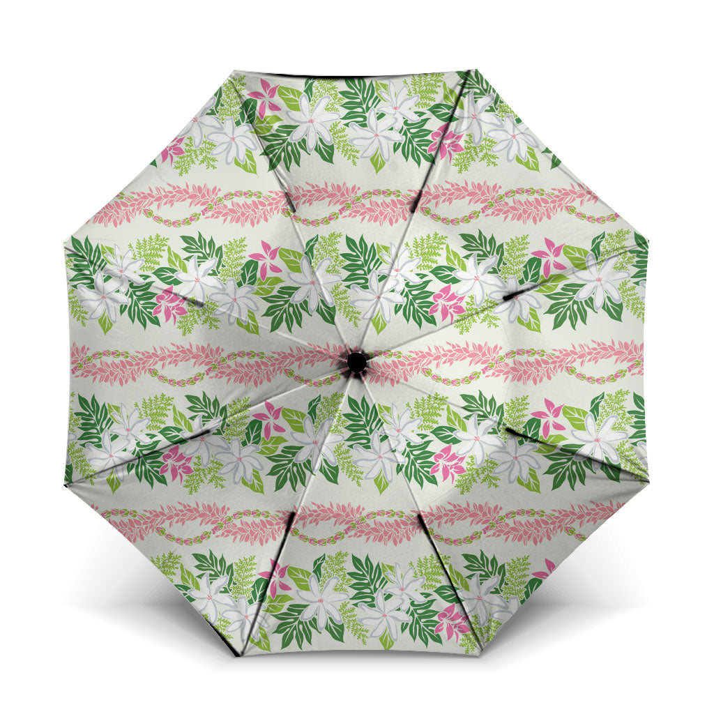 Monstera Tiare Plumeria Lei Pattern Umbrella Green Version LT01 One Size Folded 11.42 inch Opened Diameter 37.4 inch Green - Polynesian Pride