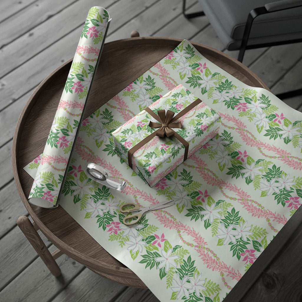 Monstera Tiare Plumeria Lei Pattern Wrapping Paper Green Version LT01 - Polynesian Pride