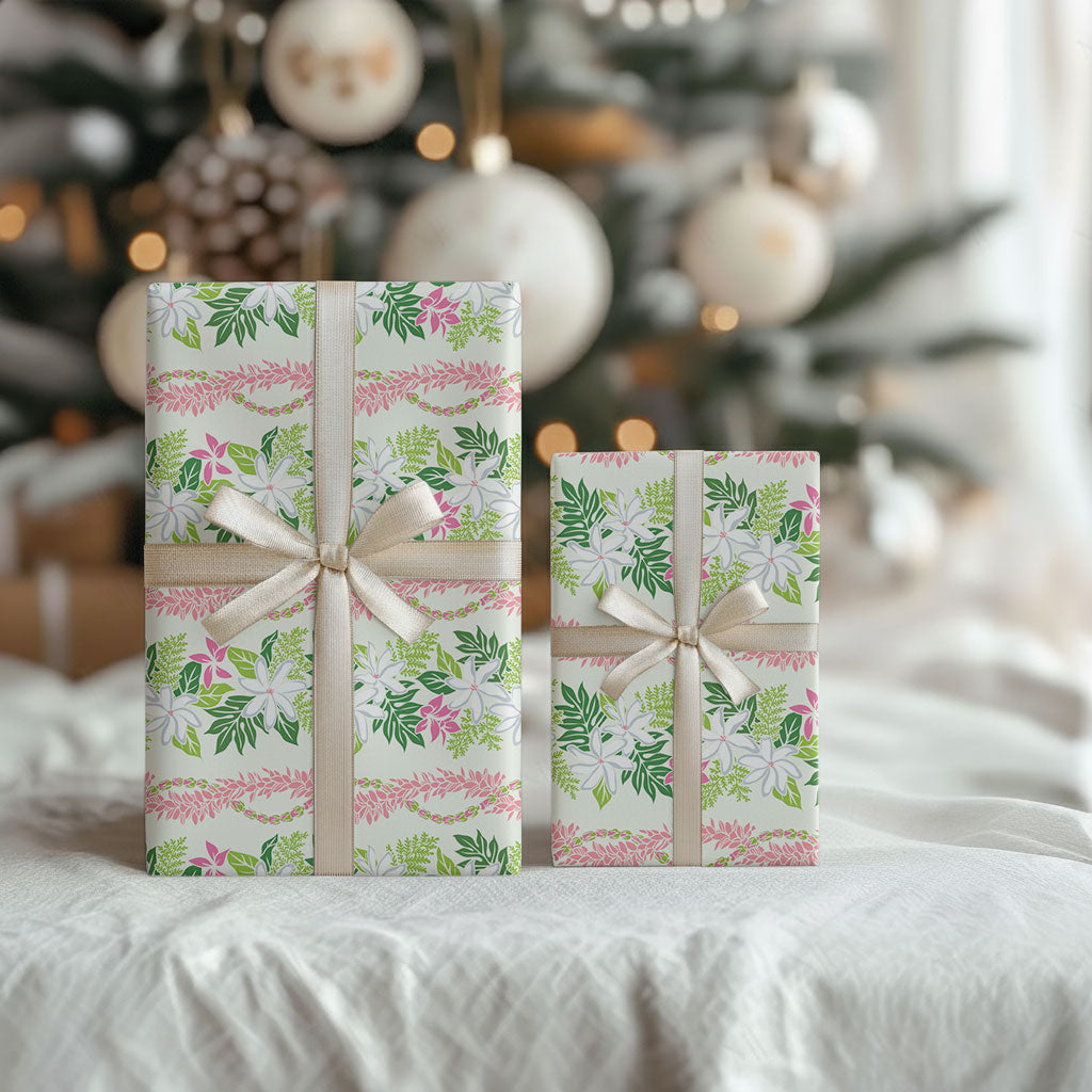 Monstera Tiare Plumeria Lei Pattern Wrapping Paper Green Version LT01 - Polynesian Pride