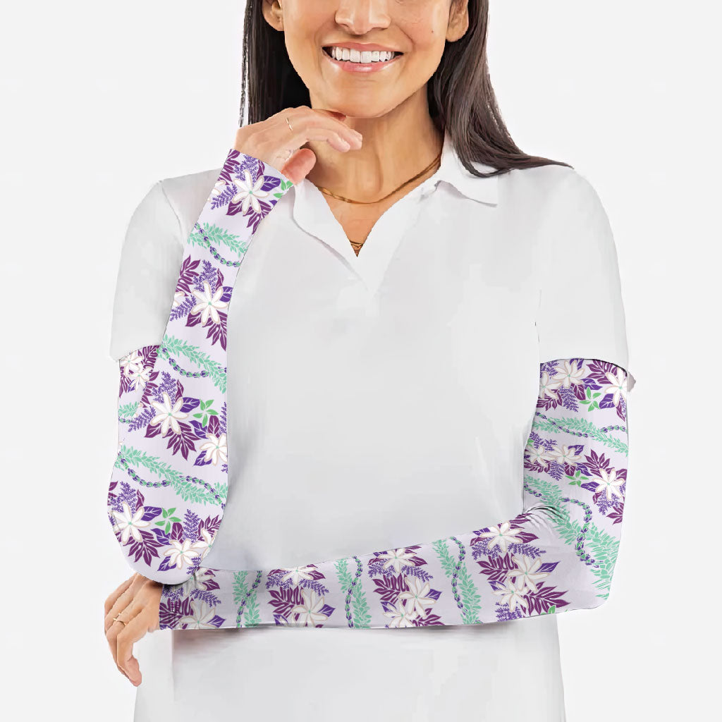 Monstera Tiare Plumeria Lei Pattern Arm Sleeves Purple Version LT01 - Polynesian Pride