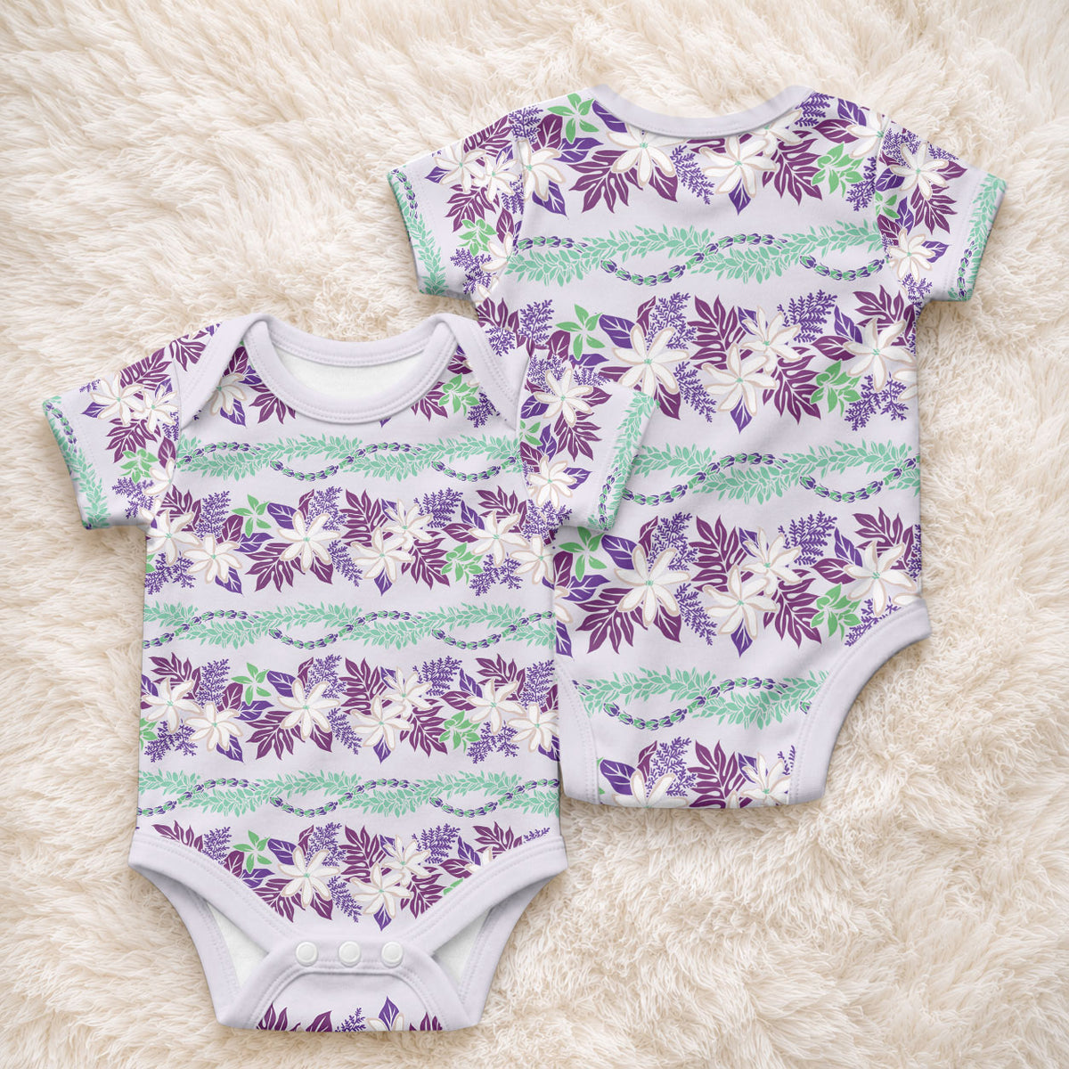 Monstera Tiare Plumeria Lei Pattern Baby Onesie Purple Version LT01 - Polynesian Pride