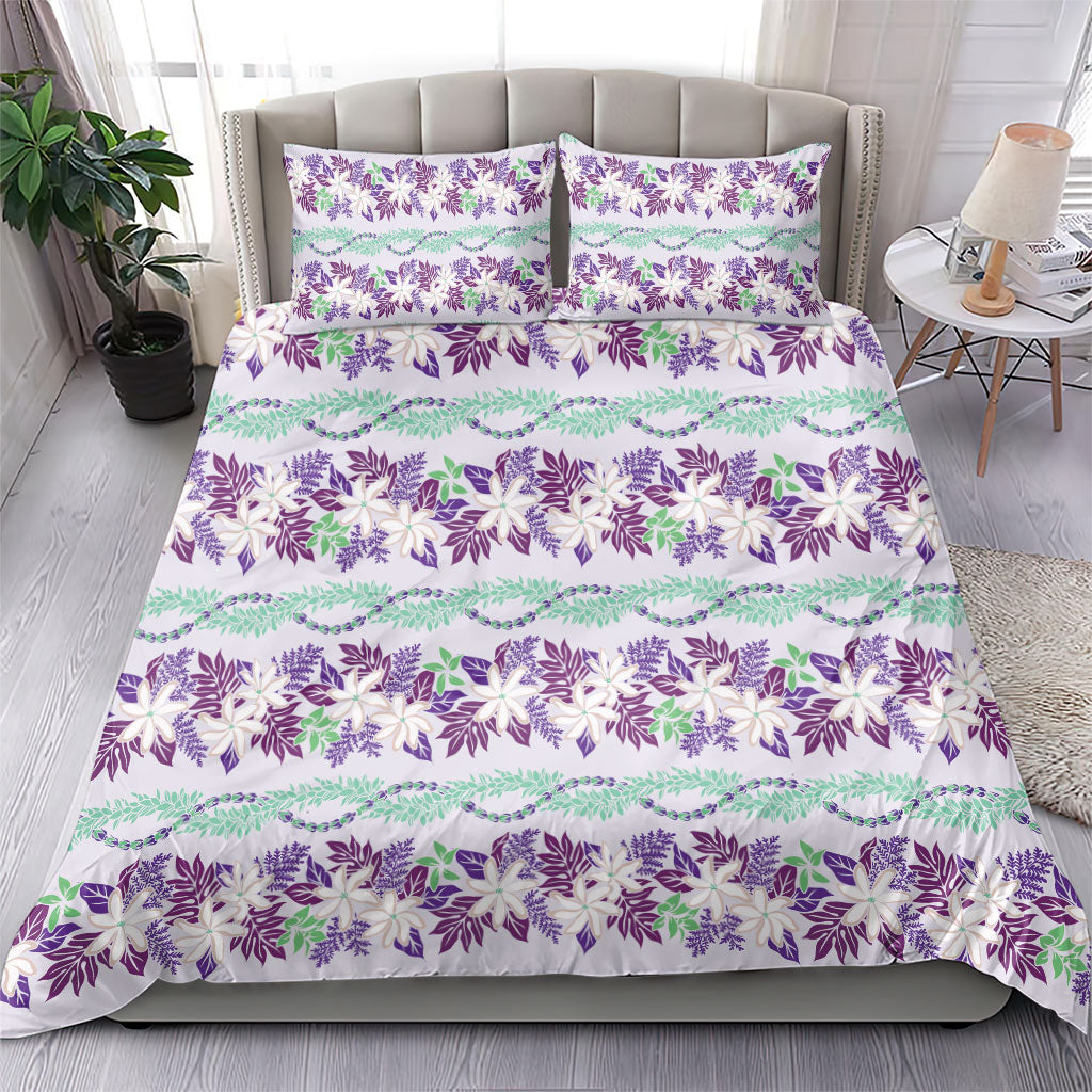 Monstera Tiare Plumeria Lei Pattern Bedding Set Purple Version