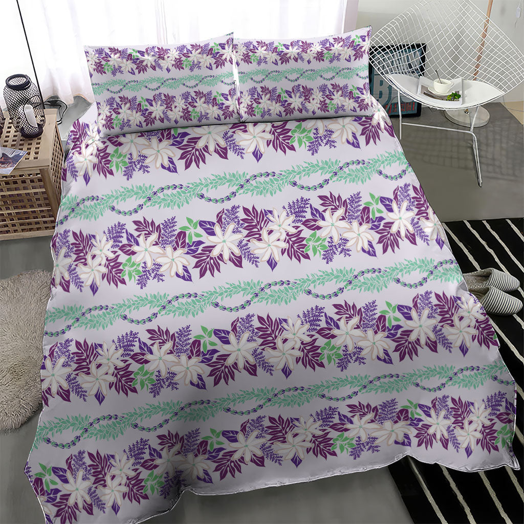 Monstera Tiare Plumeria Lei Pattern Bedding Set Purple Version