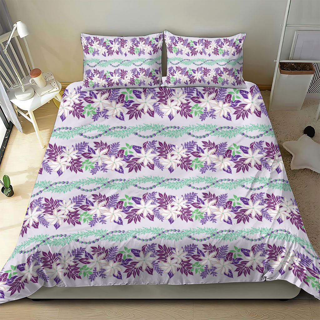 Monstera Tiare Plumeria Lei Pattern Bedding Set Purple Version
