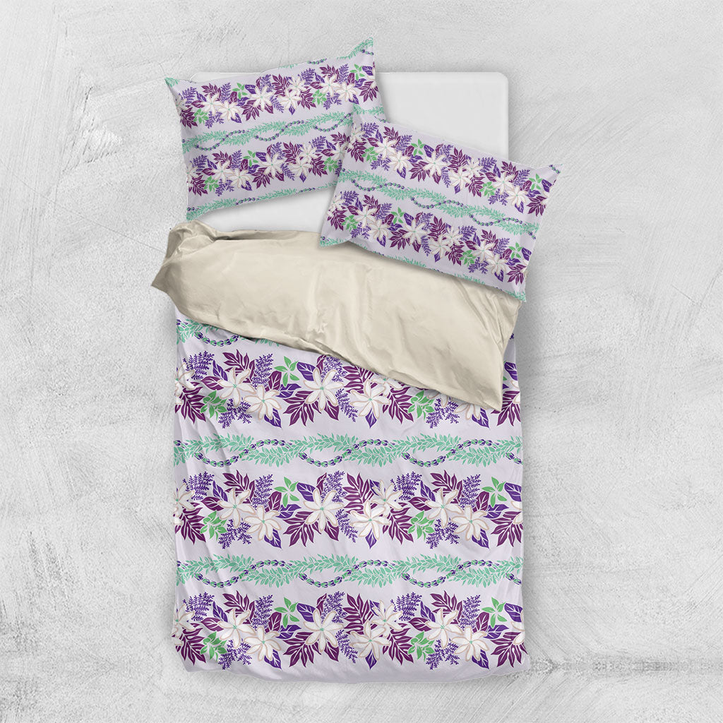 Monstera Tiare Plumeria Lei Pattern Bedding Set Purple Version