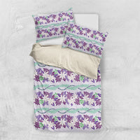 Monstera Tiare Plumeria Lei Pattern Bedding Set Purple Version