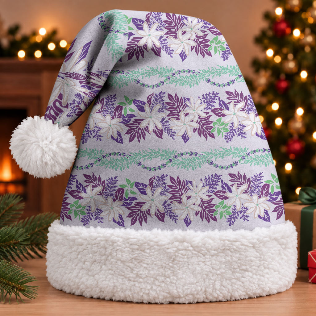 Monstera Tiare Plumeria Lei Pattern Christmas Santa Hat Purple Version
