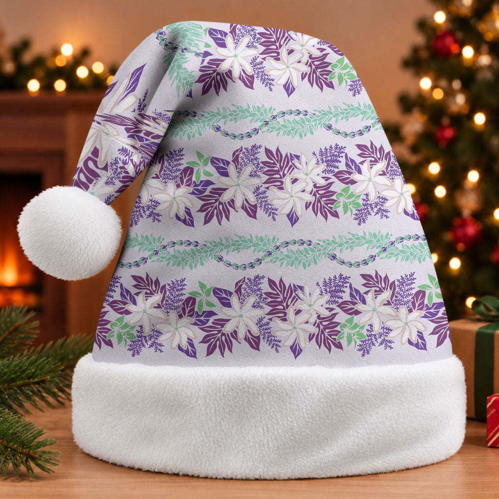 Monstera Tiare Plumeria Lei Pattern Christmas Santa Hat Purple Version