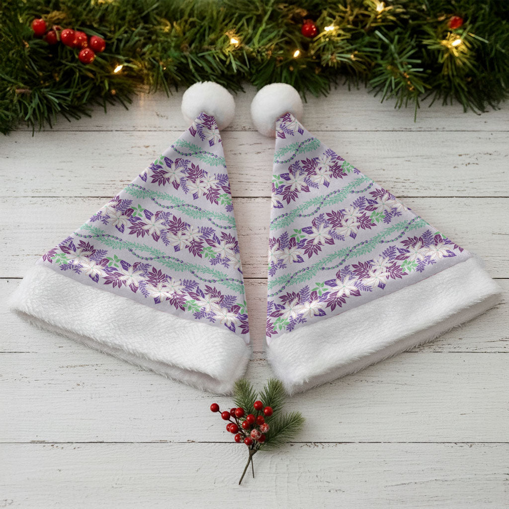 Monstera Tiare Plumeria Lei Pattern Christmas Santa Hat Purple Version
