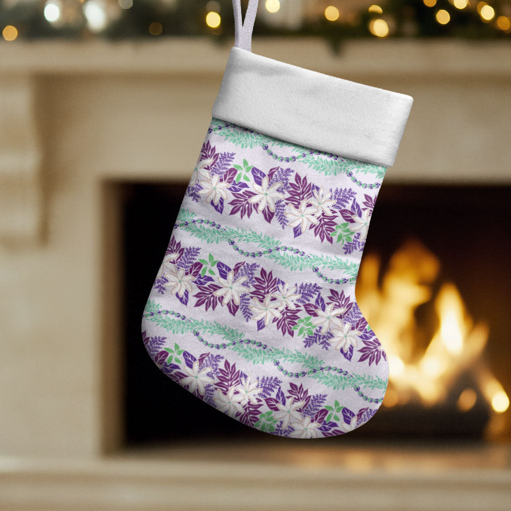 Monstera Tiare Plumeria Lei Pattern Christmas Stocking Purple Version