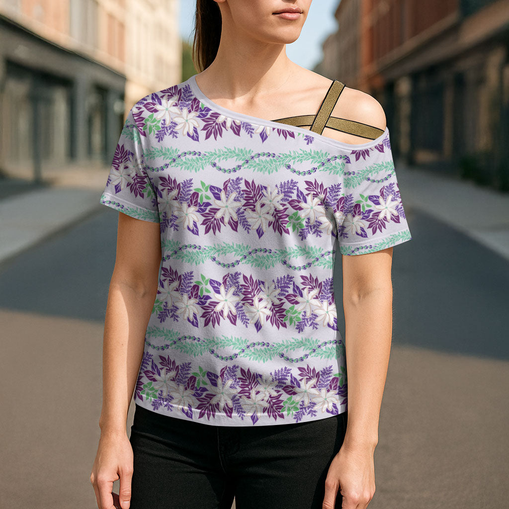 Monstera Tiare Plumeria Lei Pattern Cross Shoulder Shirt Purple Version