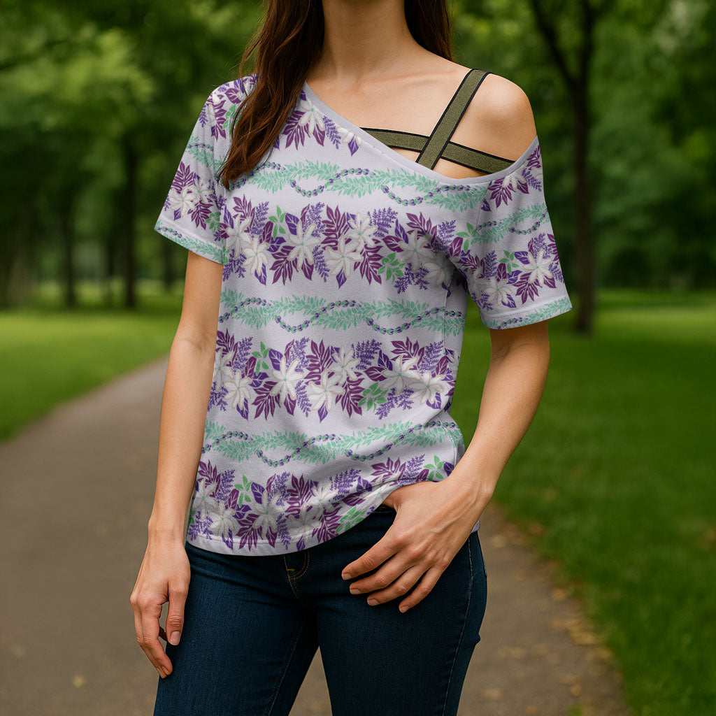 Monstera Tiare Plumeria Lei Pattern Cross Shoulder Shirt Purple Version