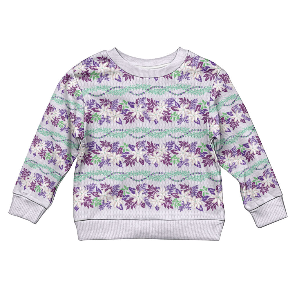Monstera Tiare Plumeria Lei Pattern Kid Ugly Christmas Sweater Purple Version LT01 Kid Purple - Polynesian Pride