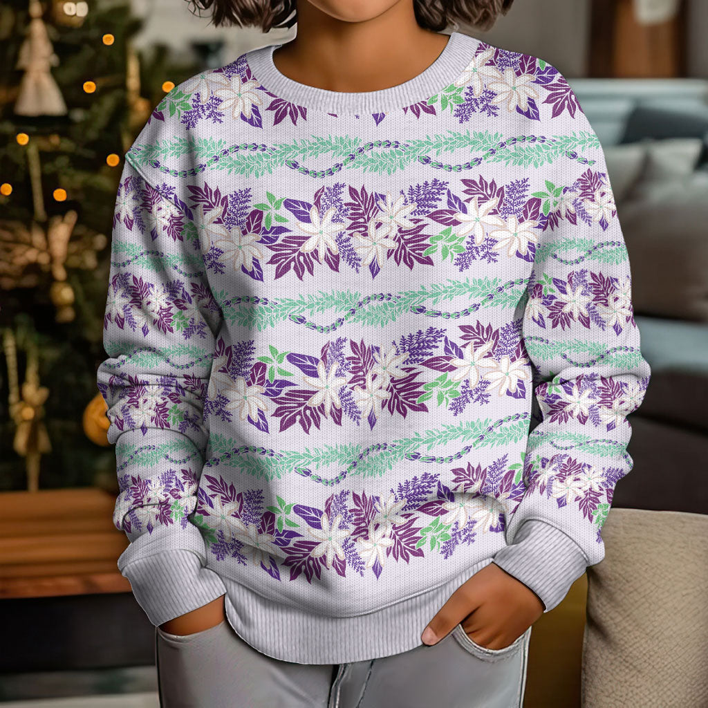 Monstera Tiare Plumeria Lei Pattern Kid Ugly Christmas Sweater Purple Version LT01 - Polynesian Pride