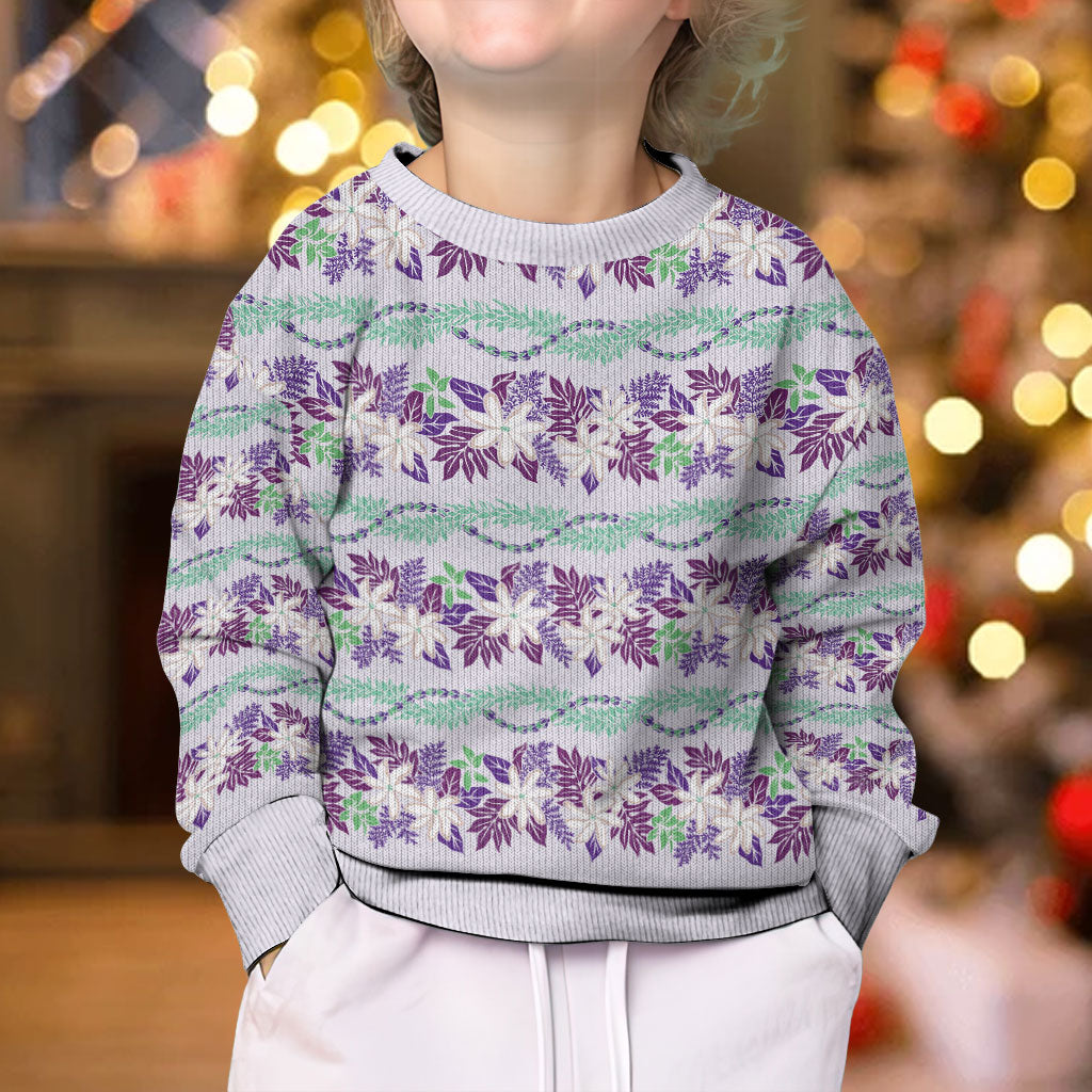 Monstera Tiare Plumeria Lei Pattern Kid Ugly Christmas Sweater Purple Version LT01 - Polynesian Pride